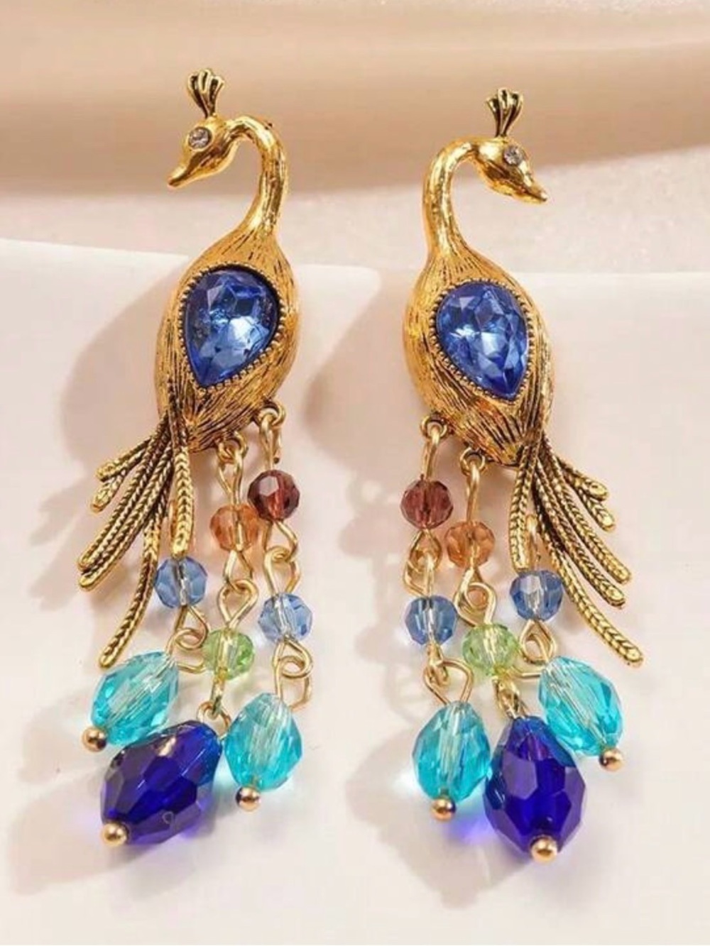 Gold Peacock Earrings with Blue and Teal Gems - Picture 7 of 7